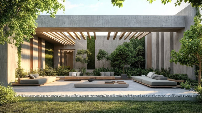 exterior facade of modern house, 3d artwork, design, architecture, green furniture, garden