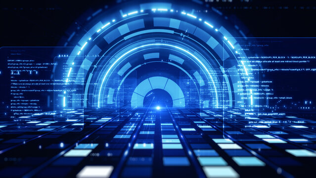Futuristic Coding Concept With Glowing Digital Tunnel And Computer Code Flowing Through A High Tech Data Network, Technology Abstract Background Concept, 3d rendering