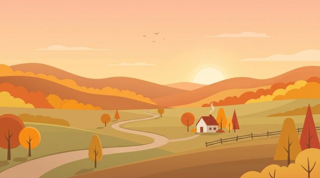 A serene autumn landscape with a house, trees, and a winding road.