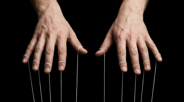 Human hands with strings attached to fingers, metaphor for control and management