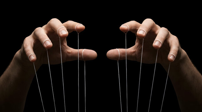 Hands of a puppeteer controlling strings, concept of power and manipulation