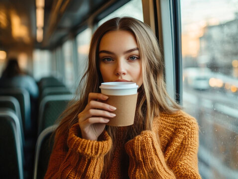 Cute thoughtful woman holding cup of coffee or tea, sitting, posing at cafe.