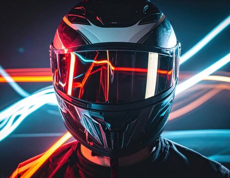 Person in reflective motorcycle helmet with vibrant neon light trails in dark environment