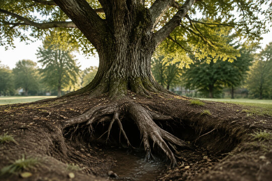 A large tree with subtly subsiding soil, its underground roots hollowed by water in morning light.