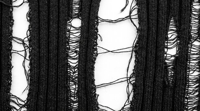 Distressed Black Ribbed Knit Fabric with Large Tears and Frayed Edges on White