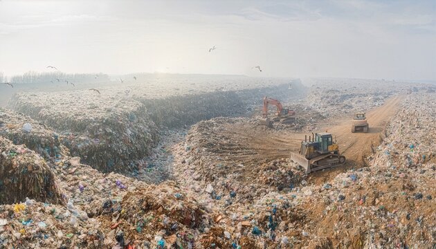 Panoramic landfill landscape filled with gigantic mountains of accumulated municipal waste stretching toward the horizon.