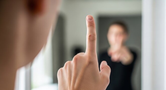 Conceptual close-up of a person's hand with sharp-focus index finger pointing directly at their own blurred reflection in a clean glass mirror, captured in soft natural indoor light for themes of