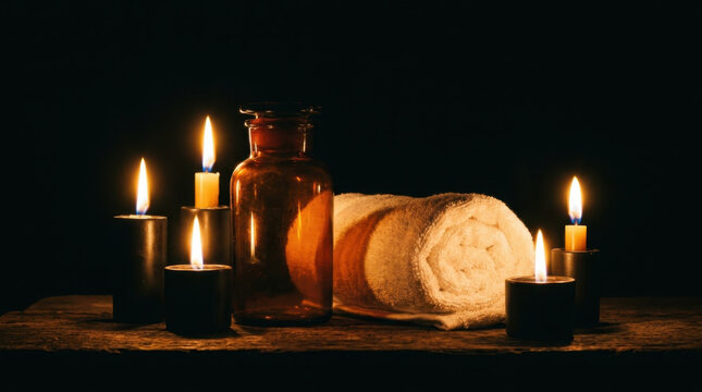 Golden essential oil bottle with a dropper, lit candle, and white towel