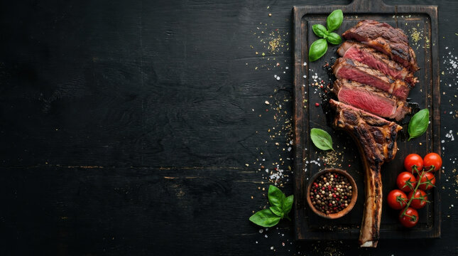 Top view of sliced medium-rare grilled steak with melting butter and rosemary on a dark rustic wooden background with copy space.