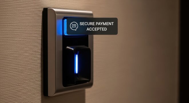 Modern contactless electronic reader device made of brushed metal and matte black plastic, glowing with neon blue LED light, featuring a digital secure payment accepted overlay badge, mounted on a