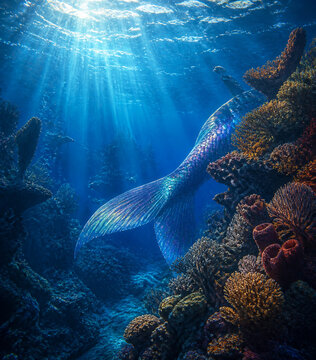 Sunlight pierces ocean water, illuminating an iridescent fish tail near vibrant coral reefs.