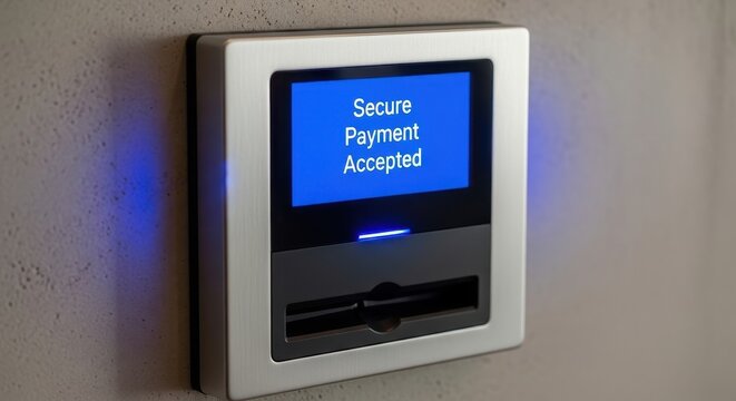 Sleek modern wall-mounted digital payment terminal and contactless card reader with a brushed silver metallic frame, displaying 'Secure Payment Accepted' on a vibrant blue glowing screen, mounted on a