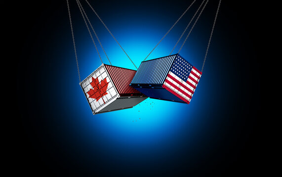 Canada USA Trade War and United States or US Canadian trade relationship crisis as American tariffs conflict with two opposing North American trading partners as an economic import and exports dispute