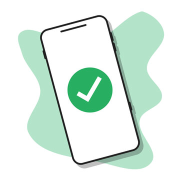 green circle check mark on smartphone screen, positive answer online mobile app