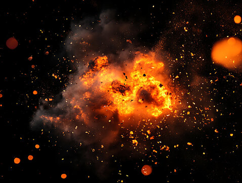 Dynamic bomb explosion with explosive particles, shattered debris and glowing embers on black background.