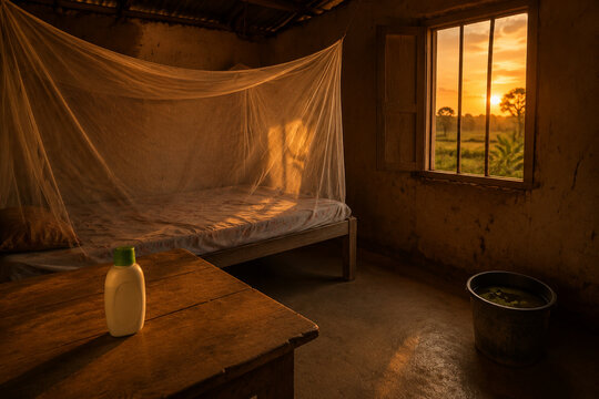 Malaria prevention in rural bedroom: mosquito net repellent bottle and stagnant water, public health crisis concept