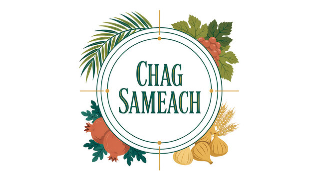 Chag sameach circular greeting design featuring traditional harvest symbols and foliage circular greeting