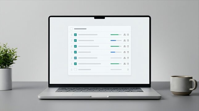 Laptop screen showing digital task management checklist and project progress tracking interface.