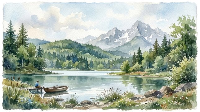 A serene mountain lake with a lone fisherman in a boat, surrounded by lush greenery and majestic mountains in the distance.