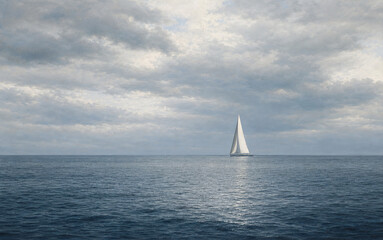 Fototapeta premium A single white sail stands on the horizon under a cloudy, vast seascape.