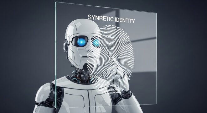 Futuristic humanoid white robot with glowing blue eyes touching a transparent glass screen to scan a digital fingerprint, representing synretic identity verification and biometric security technology