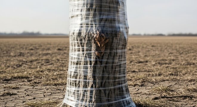 Conceptual close-up of a sturdy tree trunk tightly wrapped in clear plastic cling film, with a single trapped dry leaf under the layers, standing isolated in a dry, cracked soil field under hazy