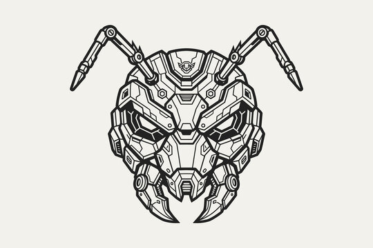 Mechanical Ant Head Robot Insect Mascot Line Art Illustration Vector