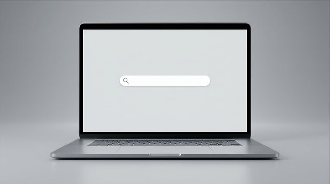 Laptop screen with blank search bar interface for web browsing and online information query