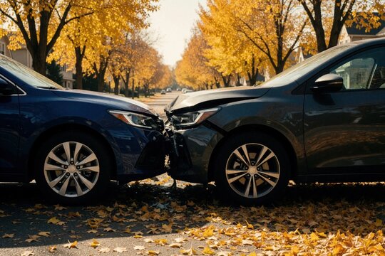 Two cars in head on collision on suburban street. Front end auto damage is severe. Autumn leaves cover the roadway after crash. Vehicle accident scene.