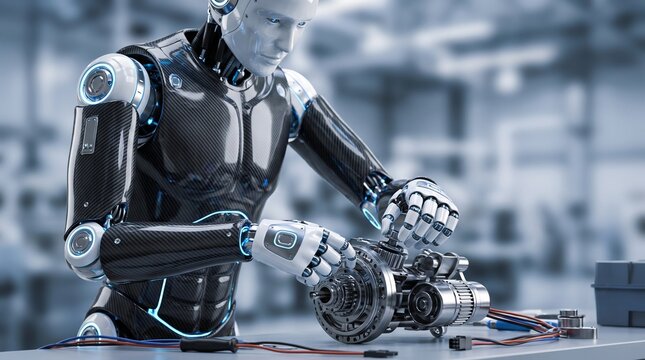 工場で精密機械を組み立てるフィジカルAI搭載ヒューマノイドロボット