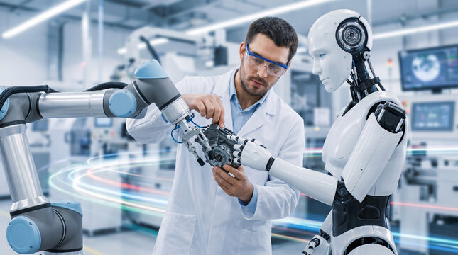 研究施設でヒューマノイドロボットを開発するエンジニアと協働ロボット