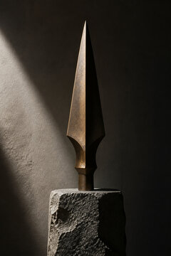 Geometric bronze spearhead sculpture mounted on rough stone plinth.