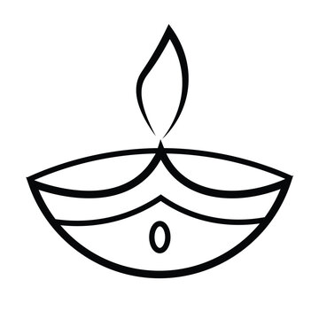 Diya traditional oil lamp icon vector illustration with simple black outline on white background, suitable for design elements of Diwali, Deepavali, Indian culture and fes holiday ceArt & Illustration