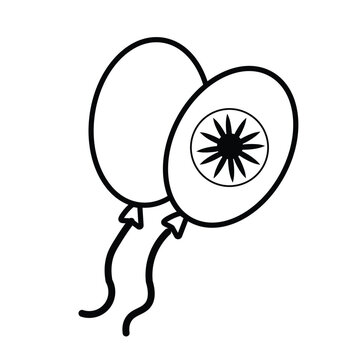 Vector illustration of two decorative balloons in black and white line style, one of the balloons has a circle motif with a sun circle or wheel pattern in the middle, suitable for a Art & Illustration