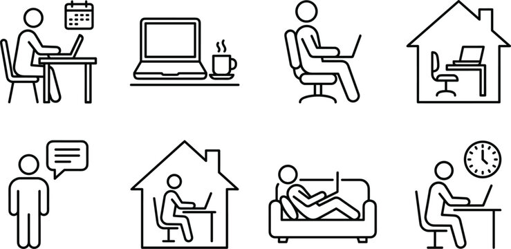 Remote work and work from home line icon set featuring stick figures using laptops and sitting at desks