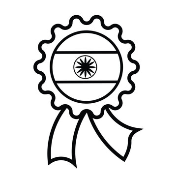 Black-and-white line vector illustration of an award badge or medal in the form of a wavy circle with a motif of the Indian flag and the Ashoka Chakra symbol in the center, complete with dun