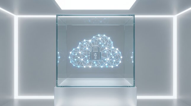 Digital cloud computing network icon inside a glass display case in a futuristic room.