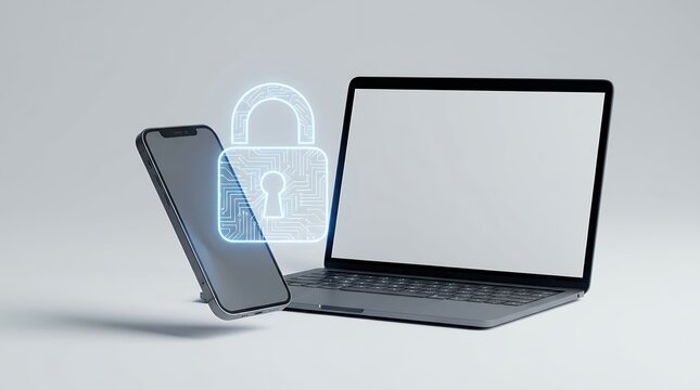 Cybersecurity concept with digital padlock icon on smartphone and laptop screen