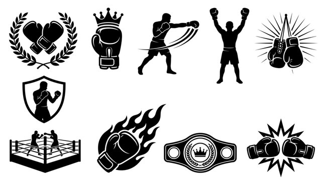 Collection of bold boxing and championship sports silhouettes featuring boxers, boxing gloves, ring, championship belt, trophy crown, laurel wreaths, stars, banners, and dynamic fighting poses. Black 