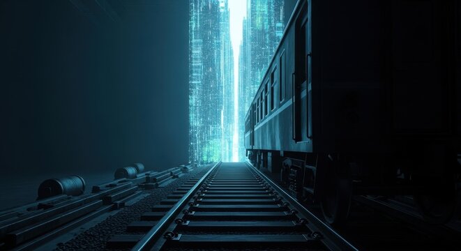 Cinematic and moody surreal digital artwork of a vintage train carriage on railroad tracks heading toward a glowing neon blue cyber matrix portal with digital skyscraper textures in a dark dystopian