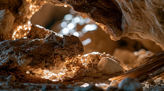 Cave interior jagged rock formation sunlight shadow stone texture natural landscape revealing rugged cavern with sparkling light and warm earthy