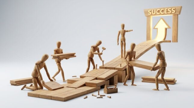 A group of wooden figurines building a bridge with a sign that says 'Success' in the background.
