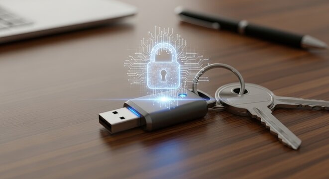 Sleek metallic USB security key on a keyring with traditional metal keys, featuring a glowing blue holographic padlock with circuit lines floating above it, lying on a polished wooden desk with a