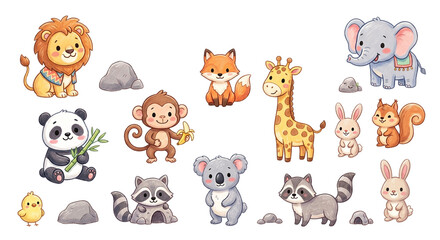 Obraz premium Cute Safari and Woodland Baby Animals Hand Drawn Crayon Illustration Set