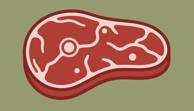 Cartoon style illustration of a raw beef steak with marbled fat details, isolated on a muted green background.