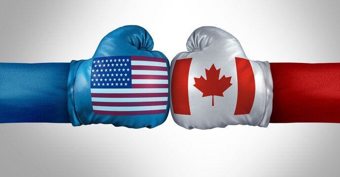 Canada United States trade crisis or USA Canadian trade relationship and American tariffs conflict with two opposing trading partners as an economic import and exports dispute concept.