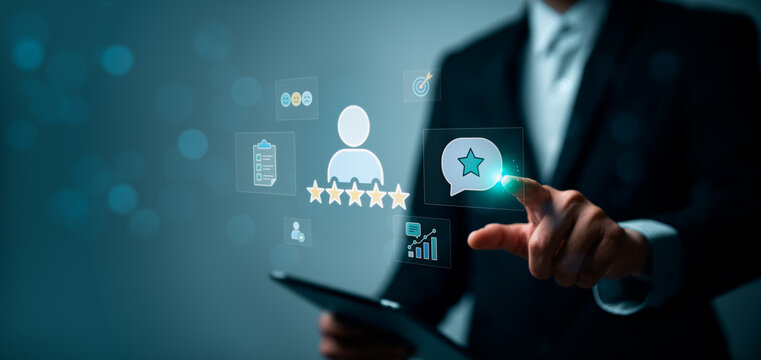 Customer satisfaction feedback concept with business professional touching virtual review rating interface showing five stars, user opinion, service quality and analytics dashboard