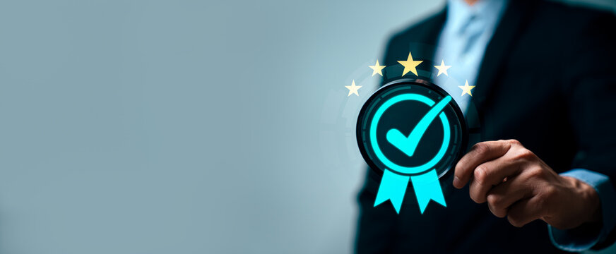 Quality assurance certification concept with business professional presenting virtual checkmark award badge and five star rating showing approval trust compliance and service excellence