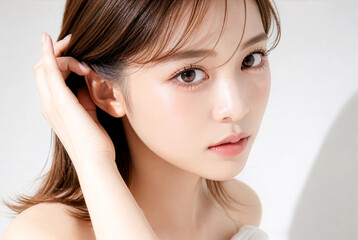 Fototapeta premium 髪に手を添えながらカメラを見る日本人女性の美しい肌とブラウンヘア美容ポートレート