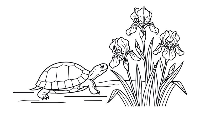 Turtle walking towards iris flowers line art.